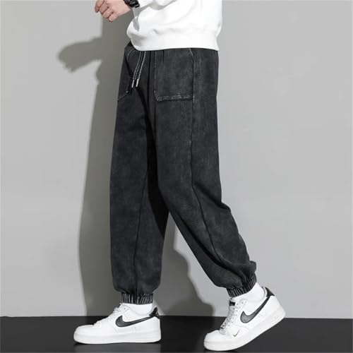 Men Haren Pants Black Washed Denim Jeans Nine Point Ankle Sports Trousers Hip Hop Straight Pants3
