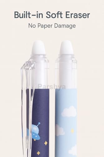 Image of KiddieWorld Erasable Gel Pens Pack of 12 | 0.5 mm Fine Tip | Blue & Black Ink | Built-in Soft Eraser | Space Theme Cute Pens for Kids, Students, School & Office
