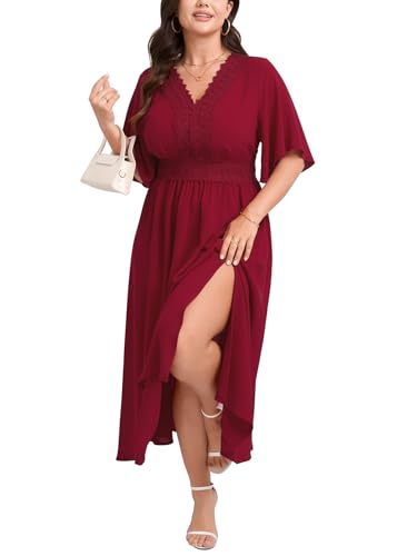 Image of SCOMCHIC Womens Plus Size Summer Maxi Dress Short Sleeve V-Neck Lace Boho A-Line Slit Flowy Wedding Guest Cocktail Dresses