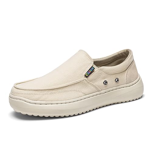 Men's Lightweight Canvas Slip-On Loafers - Breathable Cotton Canvas, Non-Slip Gum Rubber Deck Sole, Elastic Collar - Ideal for All-Day Walking, Beach Outings & Casual Summer Style