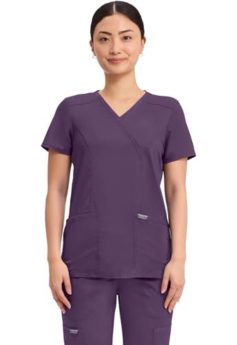 Cherokee Scrubs Top for Women Mock Wrap with 3 Pockets, Soft, 2-Way Stretch & Durable Fabric - WW610, M, Eggplant