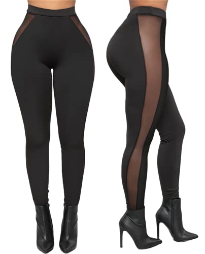 Atyfuniby Sexy Leggings for Women - Skinny High Waisted Sheer Pants Club Streetwear Black L