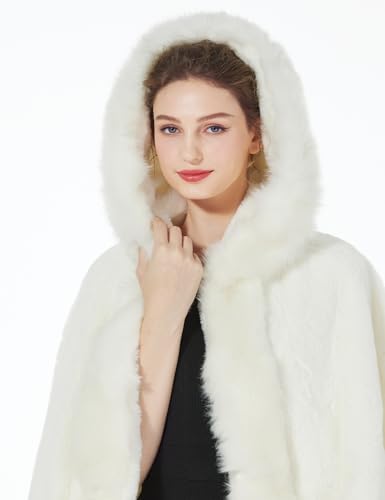 BEAUTELICATE Women's Party Faux Fox Fur Long Shawl Cloak Hooded Cape Coat4