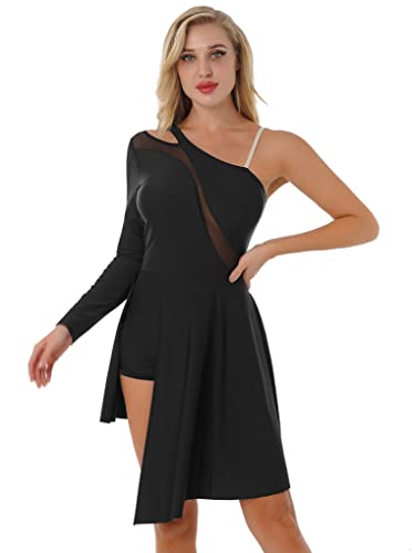 JanJean Women One Shoulder Mesh Patchwork Dress Lyrical Dance Costume Asymmetric Ballet Ballroom Dance Dress Black X-Large