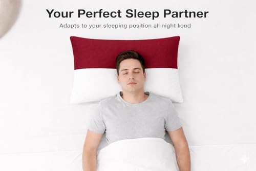 Image of ARLinen Hollow Fiber Sleeping Pillow - Set of 4, Height Adjustable, Soft & Fluffy Comfort, White & Burgundy, 36x20 Inch with 300g Extra Fiber for Custom Comfort, Pillow Covers Included