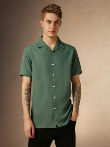 Image of Dennis Lingo Men's Half Sleeve Cuban Collar Solid Textured Relaxed Fit Casual Shirt
