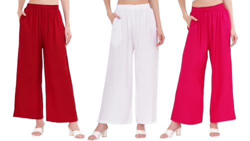 Image of Buy That Trendz Palazzo Pants for Women Rayon Elasticated Regular Fit Flared Wide Leg M to 6XL Pack of 3
