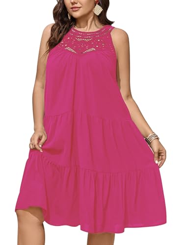 Image of SCOMCHIC Womens Plus Size Summer Hollow Out Halter Dresses Sleeveless A Line Tiered Swing Sundress Beach Vacation Mini Dress