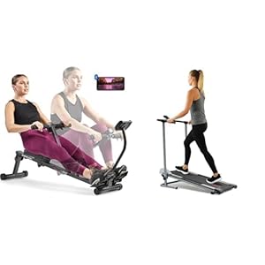 Sunny Health & Fitness Foldable Manual Treadmill, Compact Cardio Fitness + Smart Compact Adjustable Rowing Machine, 12 Levels Adjustable Resistance