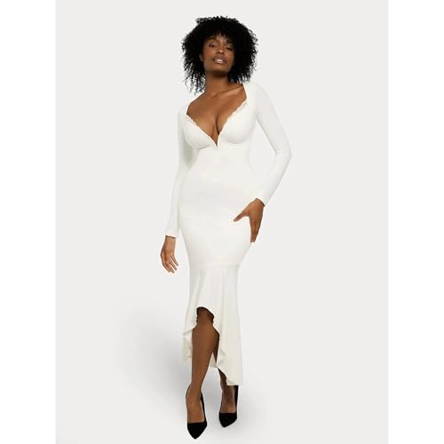 Image of Popilush Long Sleeve Cocktail Dress for Women Shapewear Tummy Control Party Dresses Deep V Neck Lace Mermaid Maxi Dress
