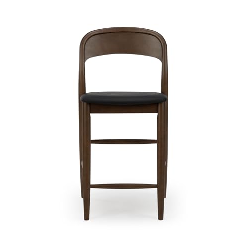 Image of Plank+Beam Loar Upholstered Counter Stool, Solid Rubberwood, Mid-Century Modern Kitchen Bar Chair, Curved Back, Low-VOC Finish, Counter Height Seating, Walnut /Black
