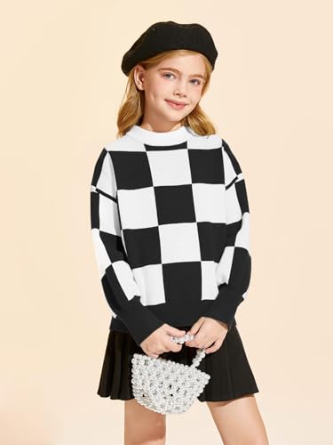 Image of Girls Sweaters Kids Fashion Plaid Mock Neck Pullover Sweater Tops 5-14 Years