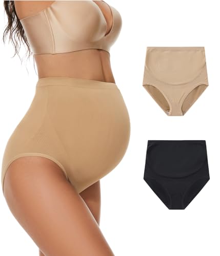 KUNINDOME Ropa interior de maternidad sobre el vientre, bragas de maternidad sin costuras, talla grande, paquete múltiple, Paquete de 2. Nude + Black, XXXL