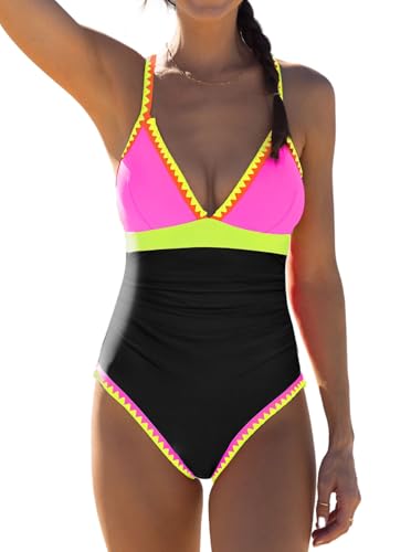Image of popvil Women One Piece Swimsuit Colorblock Ruched Bathing Suit | Adjustable slider straps, Multi neon trim, Long torso, Detachable padding, Quick dry fabric, Beach Vacation