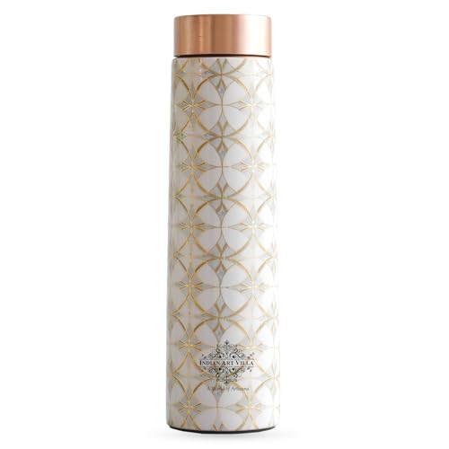 Image of INDIAN ART VILLA Copper Gold Print Copper Bottle, Copper Drinkware, 800 ML, Gold Printed White