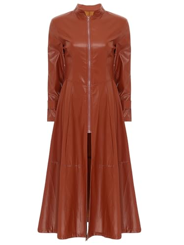 Freebily Damen Ledermantel Lang PU Leder Jacke Trenchcoat Stehkragen Mit Reißverschluss Leder Kleid Maxi Matrix Kostüm Braun S