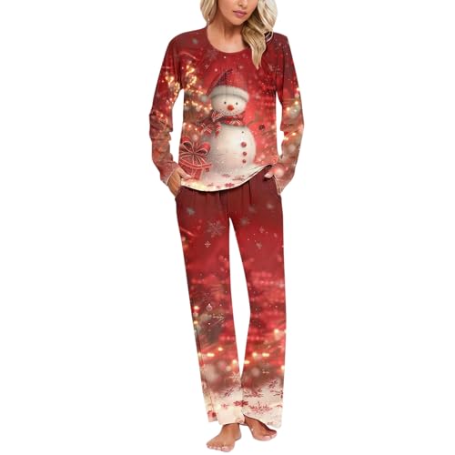 Crewneck Christmas Pajamas for Women Long Sleeve Pleated Printed Tops Pants Pajama Suit Fashion Casual Home Sleepwear