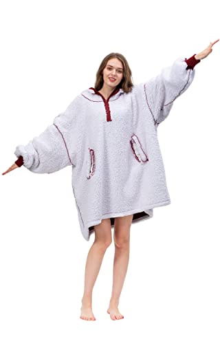 Sunolga Wearable Blanket Oversized Microfiber Sherpa Wearable Blanket Hoodie, Sweatshirt With Hood Pocket And Sleeves, Super Soft Warm Plush Hooded Blanket For Adult Women Men One Size Fits All Wine #TOP6