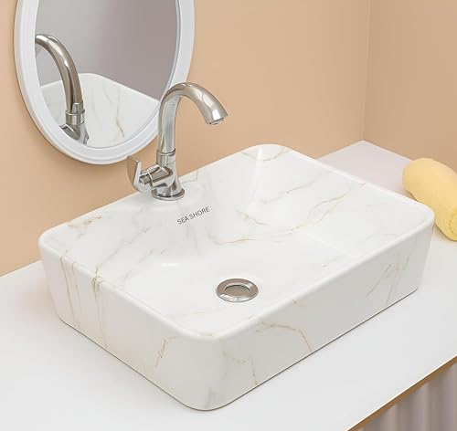 Image of Premium White Ceramic Table Top Wash Basin, Modern Countertop Vanity Sink for Bathroom, Hotel & Residential Washrooms, 19 x 14 x 5 Inch