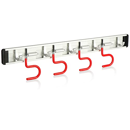 com-four® Geräte- Hakenleiste mit 4 Besenhaken und 5 Haken für kleinere Geräte. (01 Stück - 4 Klemmen + 5 Haken)