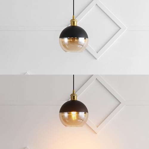 Image of JONATHAN Y Nixon 1-Light 7.5 inch Globe Pendant, Brass Gold /Black, Set of 2 | Mid-Century Modern, Adjustable, Champagne Smoked Glass Shade, LED Bulbs Included, Metal /Glass Kitchen Island Ceiling Fixture