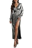 Women's Autumn Metallic Split Hem Long Sleeve Cocktail Dress Luxury Club High Waist Maxi Dress Silver S
