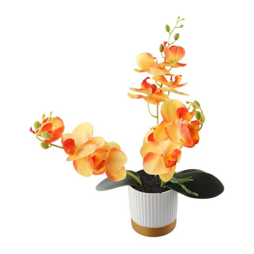 Orquídea artificial en maceta con flores de seda sintética Phalaenopsis, arreglos para macetas de orquídeas con lavabo inferior dorado (naranja)
