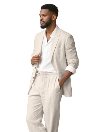 Retro Linen Mens Suit 2 Piece Slim Fit Linen Suits Set Tuxedo Blazer Jackets Drawstring Pants Summer Wedding Prom Tux for Men