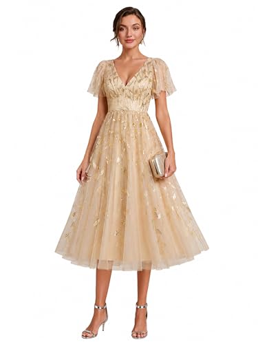 Ever-Pretty Women's V Neck A Line Cocktail Dresses Embroidery Short Sleeves Midi Sequin Formal...