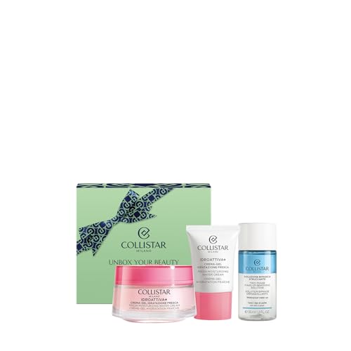 Collistar Idroattiva+ Cofanetto Regalo Donna Viso, Crema-Gel Idratazione Fresca, Mini Crema-Gel e Struccante Bifasico Waterproof, Idratante, Illuminante, Detergente, Tutti i Tipi di Pelle