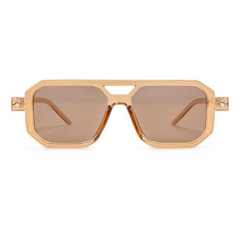 Image of JOVAKIT Retro Aviator Sunglasses for Women Men Fashion Rectangle Sun Glasses Luxury Round Temples Designer UV400 Protection (Transparent Brown /Brown), JK088J