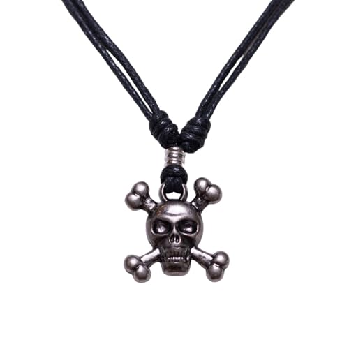 BlueRica Skull and Crossbones on Adjustable Black Cord Necklace (Old Silver Finish) - Main Image