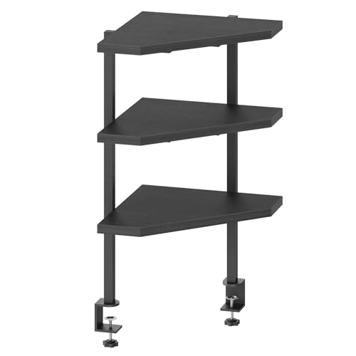 MAHANCRIS Clamp on Desk Corner Organizer 3-Tier Desktop Shelf Adjustable Desk Corner Storage Shelf with Metal Frame for Office Game Room Black DSBK5501