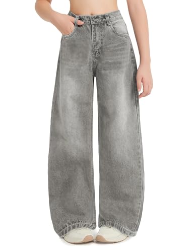 EXARUS Girls Jeans Baggy Wide Leg Cute Teen Denim Pants Junior Mid Rise Elastic Band with Pockets Casual Kids Washed Grey 14Y