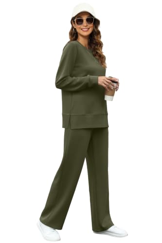 Image of OFEEFAN Women's 2 Piece Lounge Set Travel Airport Outfits Side Slit Tracksuit Wide Leg Loungewear Baggy Comfy Sweatsuit S-3XL