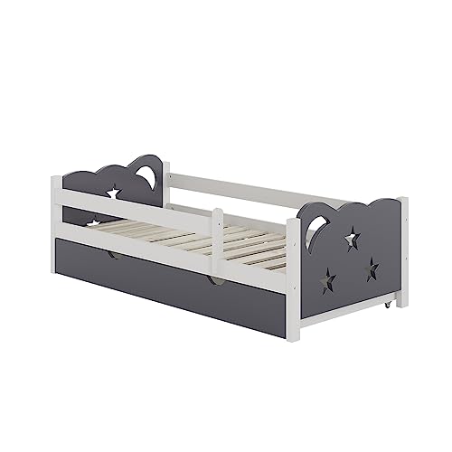 VitaliSpa Kinderbett 80x160 cm Jessica mit Schublade, ohne Matratze - Grau/Weiß 166x53x86 cm aus Bambus - Jugendbett perfekt für Kinder, Geborgenheit für eine Nacht voller schöner Träume