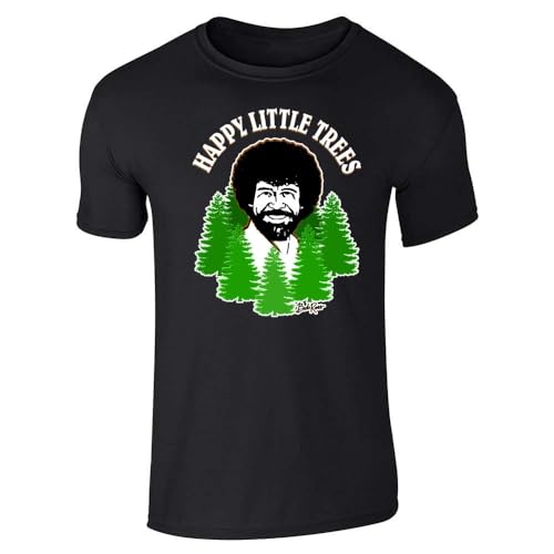 Pop Threads Bob Ross Happy Little Trees Retro Funny Graphic Tee T-Shirt for Men Black S