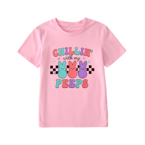 Image of CM C&M WODRO Kid Girl Funny Easter Bunny T Shirt Chillin' with My Peeps Letter Printed Shirt Short Sleeve Tee Tops