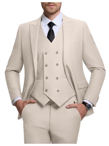 Mens Suit Slim Fit Solid Suit Jacket Double Breasted Vest and Dress Pants 3 Piece Set Prom Wedding Suits for Men