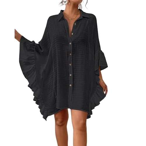 Bsubseach Women Swimsuit Cover Up Blouse 2025 Button Down Bathing Suit Cover Ups for Swimwear Bikini Beach Shirt Dress Tops Black One Size