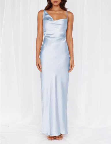 Image of Formal Satin Silk Spaghetti Strap Maxi Dresses for Women Wedding Guest | Elegant, Summer, Cowl Neck, Backless, Sleeveless, Slip, Slit, Ruched, Long Bridesmaid Dress, Cocktail, Beach Vacation, Party