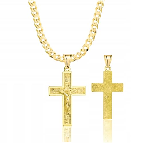 AMAR Panzerkette vergoldet 925 585 Silber mit Kreuzanhänger – Halskette Gold Silber Herren Damen 3,8 mm breit – religiöse Kette Kreuz Schmuck Geschenk Taufe Kommunion Konfirmation hochwertig 70 cm