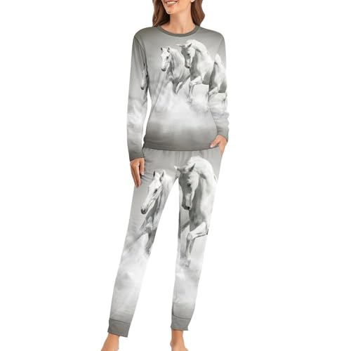 Ensemble pyjama femme Chevaux Blancs vêtement de nuit pantalon et T-shirt manches longues cosy