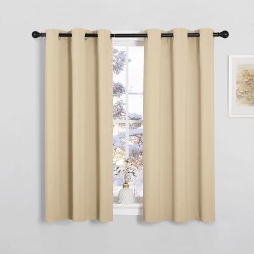 PONY DANCE Short Eyelet Kitchen Curtains Thermal Insulated Noise Reduce Privacy Curtains for Bedroom Home Decor, W 34 x L 45, 2 Panels, Biscotti Beige
