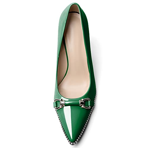 Aumoted Women Beaded Pumps Pointed Toe Buckle Bow High Heel Stilettos Slip On Heels Dress Shoes Office Party Patent Leather 3.5 Inches Green Us Size 8 #TOP2