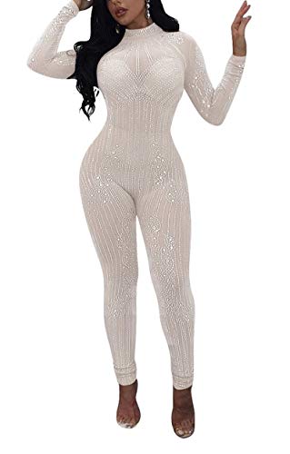 Aro Lora Women s Sexy Long Sleeve See Through Rhinestone Bodycon Jumpsuit Romper Clubwear Medium White