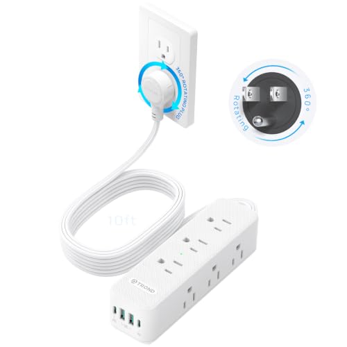 TROND regleta eléctrica con enchufe plano giratorio 360° 10 pies con USB PD 20W, 9 tomas AC, blanca | Protector de sobretensión con cable plano 1300J, 1625W, montable en pared, para hogar, oficina, viaje y hábitos esenciales en dormitorio miniatura 1