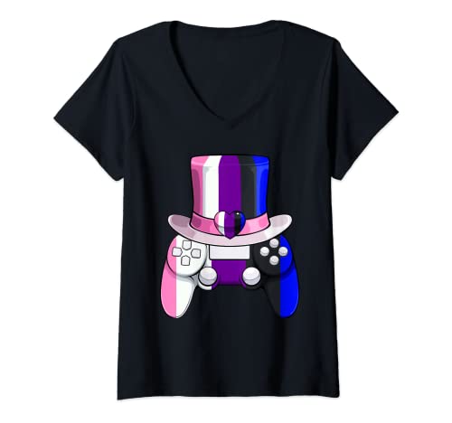 Womens Genderfluid Video-game Controller LGBT-Q Pride Flag Gaming V-Neck T-Shirt