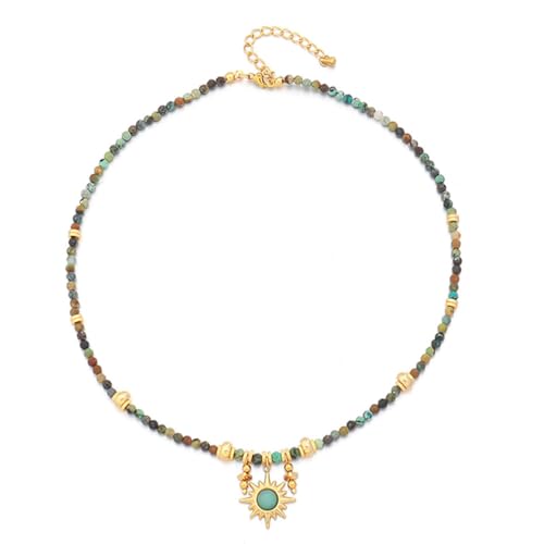 AIMALL French Vintage Natural Stone Beaded Necklace with Turquoise Sun Pendant, Women's Handmade Clavicle Chain, Color-Free Copper & Gold, Elegant Jewelry