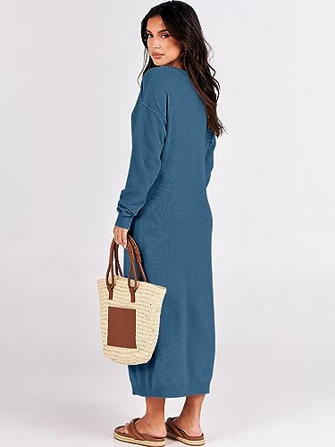 Image of ANRABESS Women Long Sleeve Button V Neck Oversized Casual Loose Fit Waffle Knit Fall Midi Sweater Dress 2026 Trendy Outfits